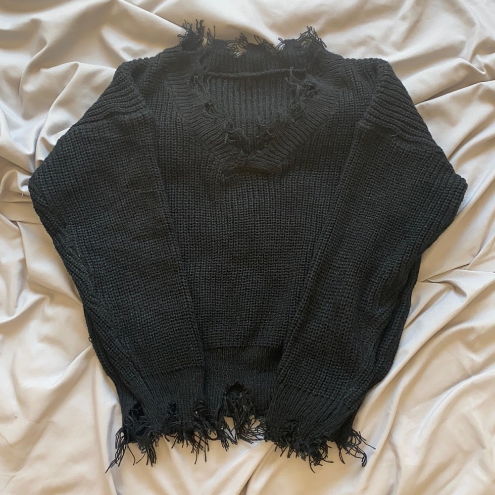 V-neck Frayed Sweater